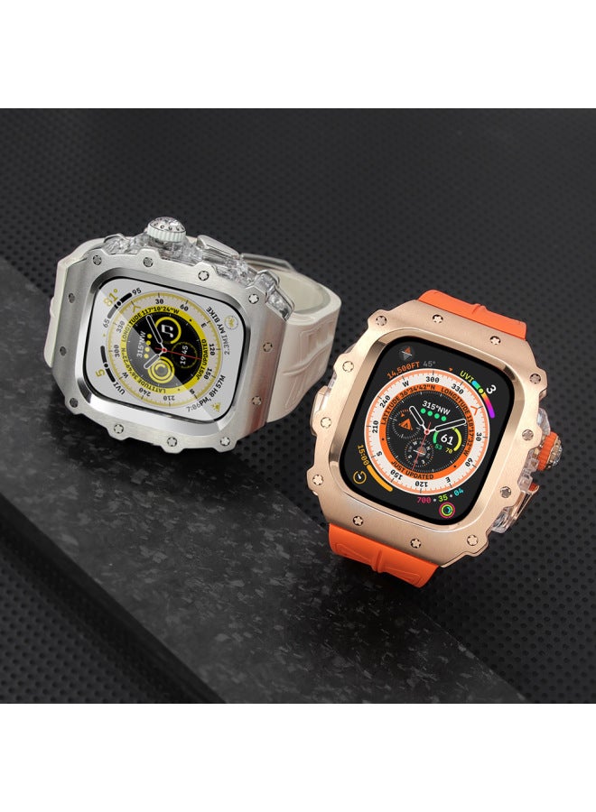 حافظة معدلة من الفولاذ المقاوم للصدأ مقاس 49 مم لساعة Apple Watch S9 Series مقاس 45 مم مع حزام فيتون ومشبك معدني شفاف - اللون: فولاذ مقاوم للصدأ، قشرة ذهبية وردية، مطاط فلورين برتقالي مع مشبك دبوس ذهبي وردي - الأبعاد: 45 مم - Image 2