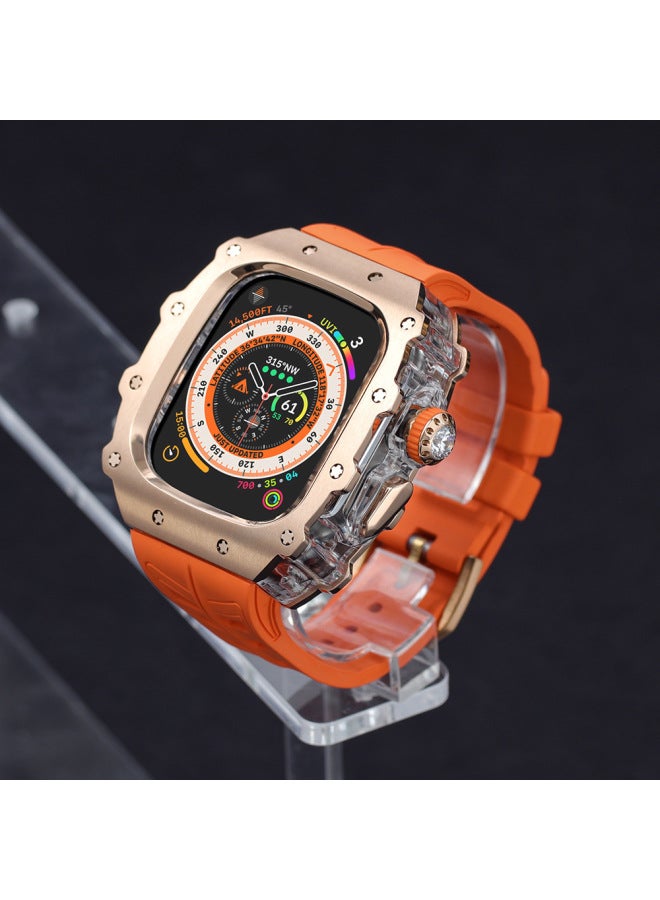 حافظة معدلة من الفولاذ المقاوم للصدأ مقاس 49 مم لساعة Apple Watch S9 Series مقاس 45 مم مع حزام فيتون ومشبك معدني شفاف - اللون: فولاذ مقاوم للصدأ، قشرة ذهبية وردية، مطاط فلورين برتقالي مع مشبك دبوس ذهبي وردي - الأبعاد: 45 مم - Image 1