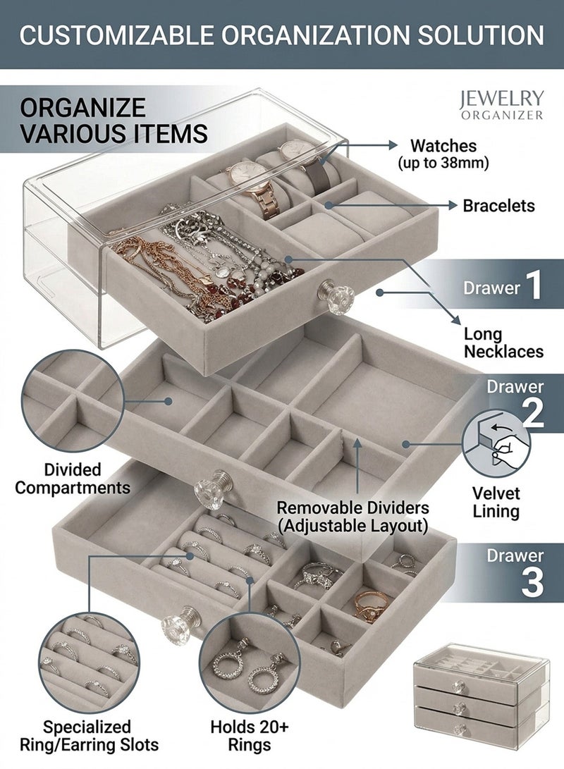 CUBEXELL Multifunctional Velvet Jewelry Box, Large Capacity Organizer with Compartments for Earrings, Rings, Necklaces & Bracelets - Image 3
