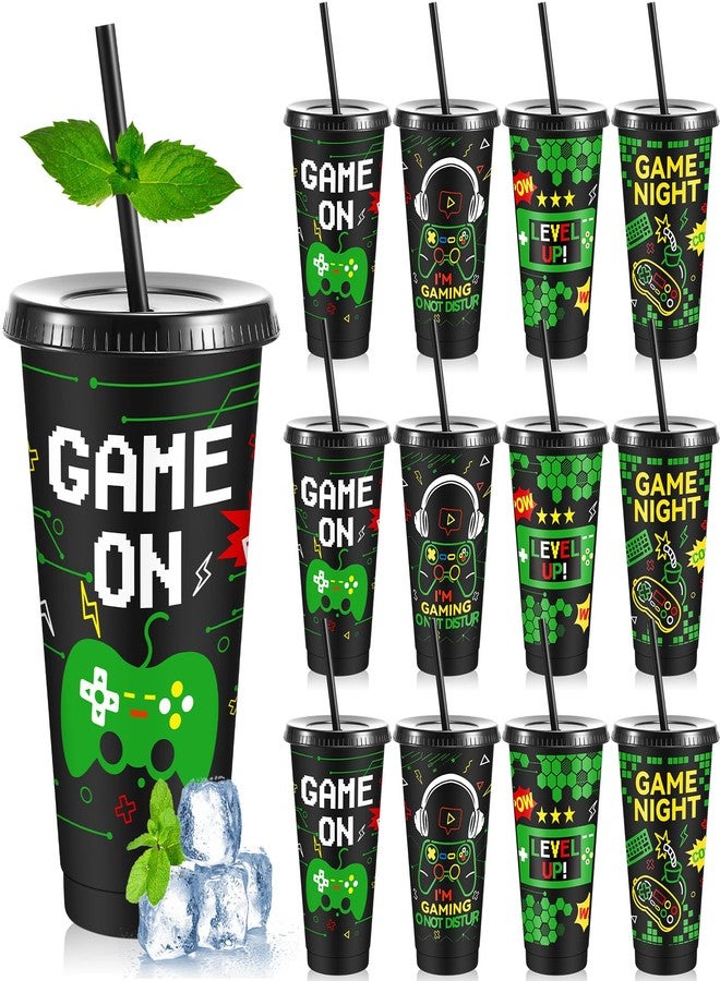 Uiifan 12 Pcs Video Game Plastic Cups 24oz Reusable Gaming Party Tumbler with Lids and Straws for Adults Gamer Party Birthday Supplies Tableware Decorations(Green Game) - Image 1