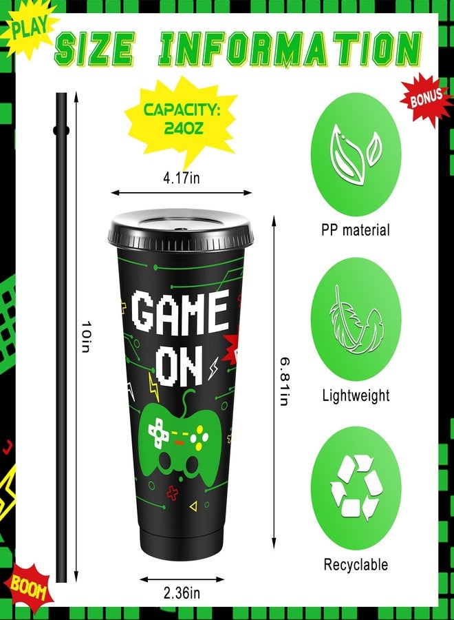 Uiifan 12 Pcs Video Game Plastic Cups 24oz Reusable Gaming Party Tumbler with Lids and Straws for Adults Gamer Party Birthday Supplies Tableware Decorations(Green Game) - Image 2