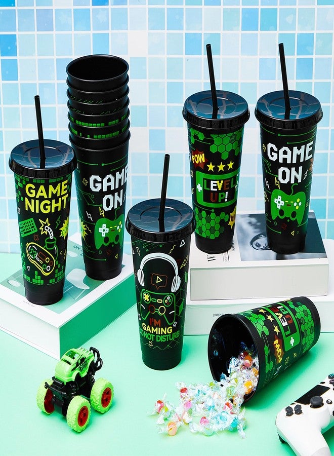 Uiifan 12 Pcs Video Game Plastic Cups 24oz Reusable Gaming Party Tumbler with Lids and Straws for Adults Gamer Party Birthday Supplies Tableware Decorations(Green Game) - Image 4