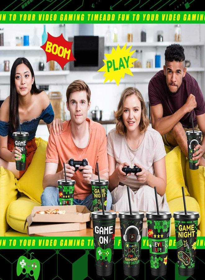 Uiifan 12 Pcs Video Game Plastic Cups 24oz Reusable Gaming Party Tumbler with Lids and Straws for Adults Gamer Party Birthday Supplies Tableware Decorations(Green Game) - Image 5