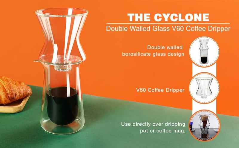 POUR DEMITASSE Pour Demitasse The Cyclone Double Walled Glass Coffee Dripper Pour Over Coffee Maker Drip Coffee Funnel Cut for Use with Conical Filter Papers Slow Manual Brew Strong Smooth Flavour - Image 2