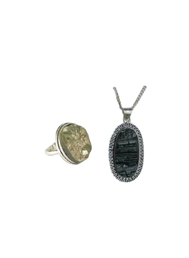 Studd Muffyn ~ Gems Of Prosperity (Pyrite Geode adjustable ring & Black Tourmaline Pendant) - Image 1