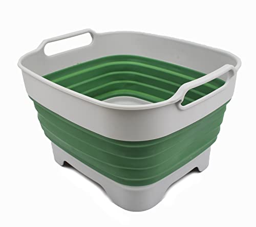 SAMMART 9L Collapsible Dishpan with Draining Plug  Foldable Washing Basin  Portable Dish Washing Tub  Space Saving Kitchen Storage Tray GreyDark Sea Green 1