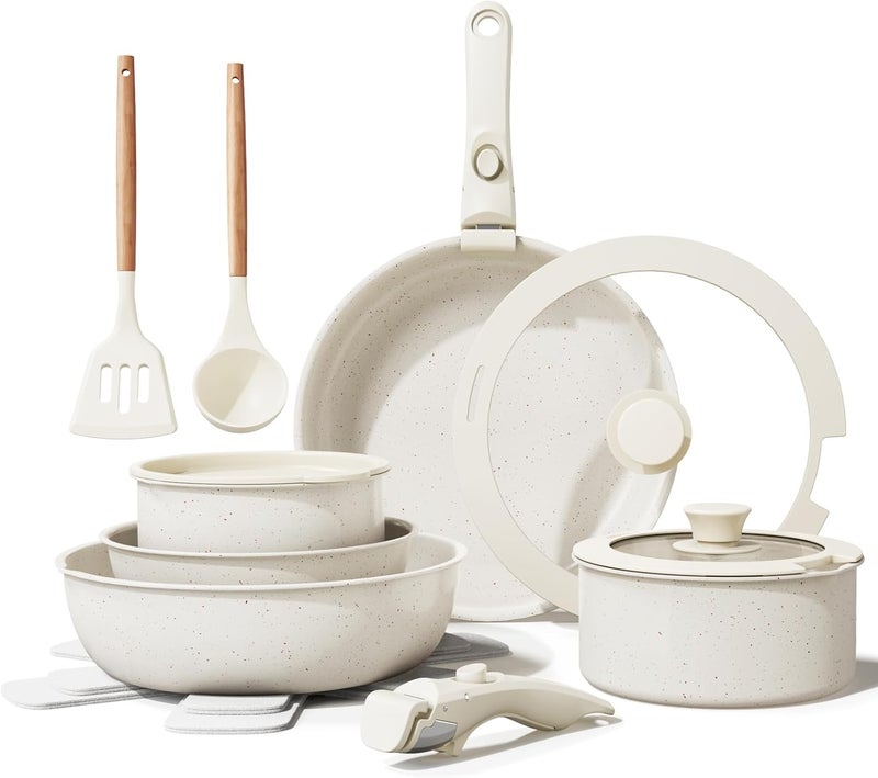Bazova Ceramic Nonstick Cookware Set, Healthy,Non Toxic,17-Pieces Pots and Pans Set Removable Handles,Induction RV Kitchen Set,Stain & Scratch-resistant,Dishwasher/Oven Safe,PFAS/PFOA Free,Cream White - Image 1