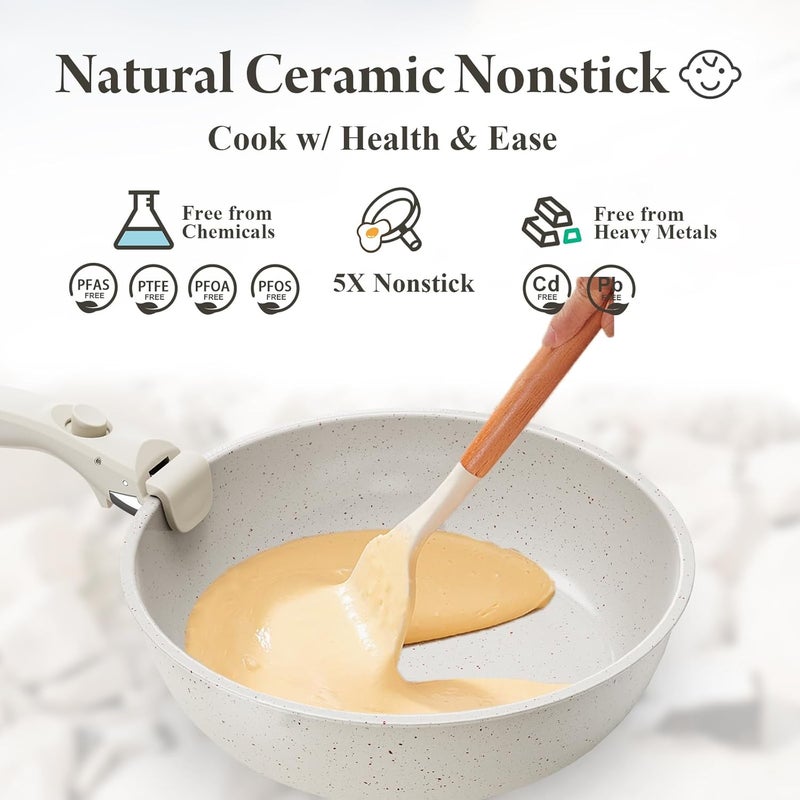 Bazova Ceramic Nonstick Cookware Set, Healthy,Non Toxic,17-Pieces Pots and Pans Set Removable Handles,Induction RV Kitchen Set,Stain & Scratch-resistant,Dishwasher/Oven Safe,PFAS/PFOA Free,Cream White - Image 5