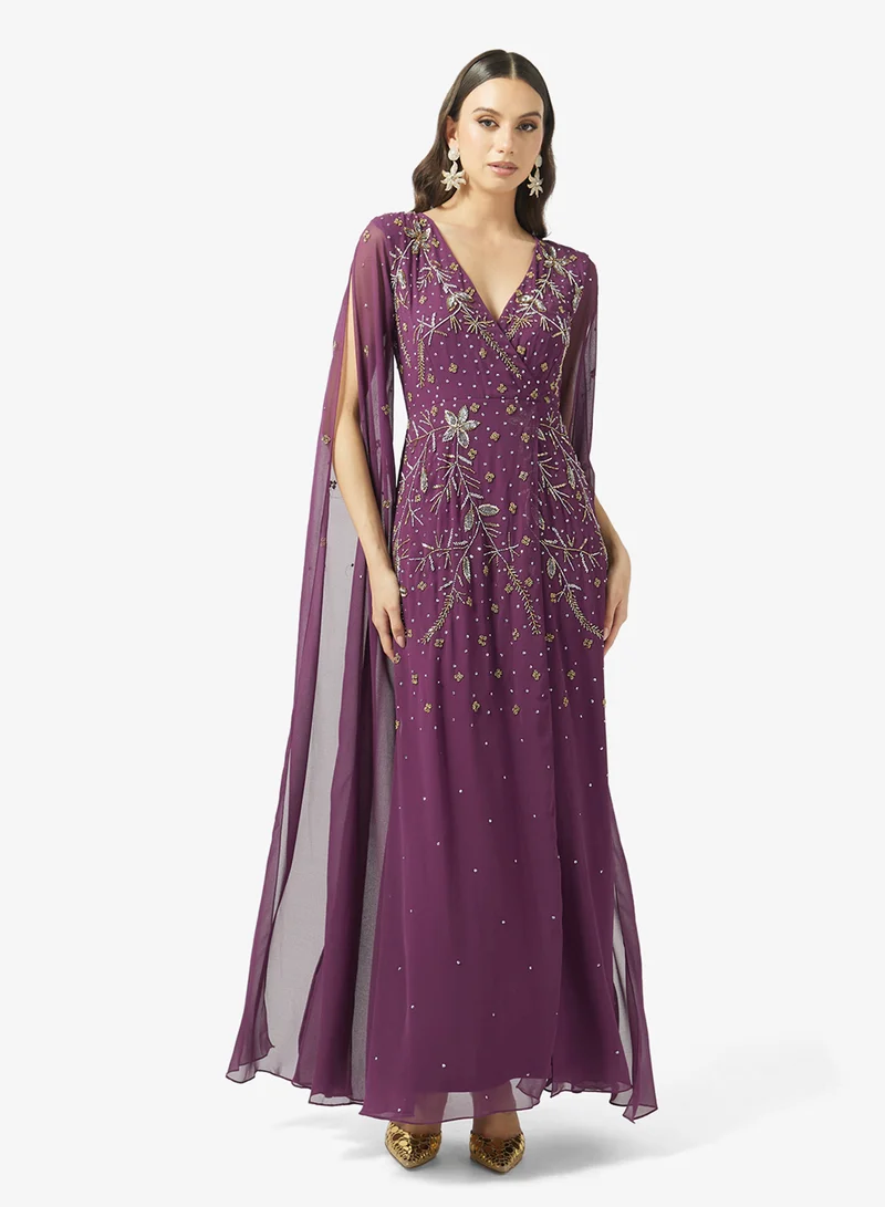 Embellished Cape Sleeve Maxi Dress