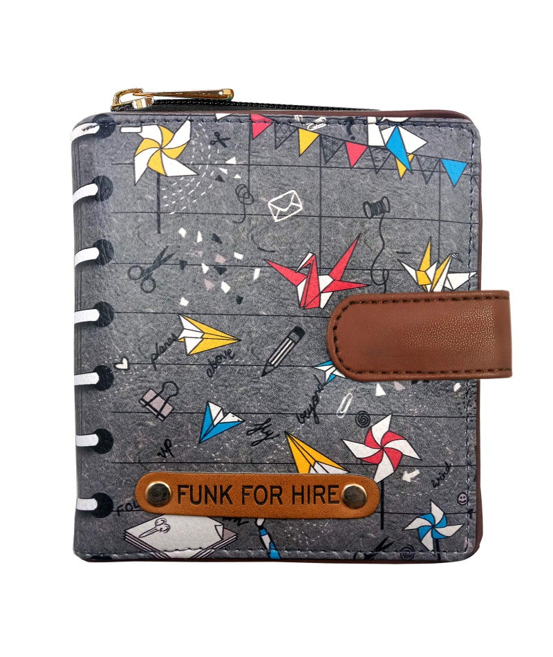 Funk For Hire Women’s Grey Printed Vegan Leather Square Wallet with 6 Card Slots, Cash Compartment, Zippered Coin Pouch, Magnetic Closure, Compact Two Fold Design, Handcrafted in India - Image 1