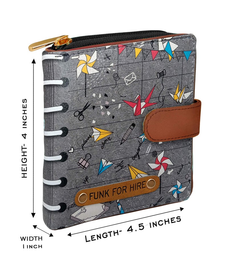 Funk For Hire Women’s Grey Printed Vegan Leather Square Wallet with 6 Card Slots, Cash Compartment, Zippered Coin Pouch, Magnetic Closure, Compact Two Fold Design, Handcrafted in India - Image 2