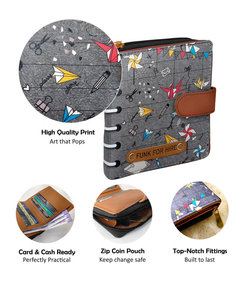 Funk For Hire Women’s Grey Printed Vegan Leather Square Wallet with 6 Card Slots, Cash Compartment, Zippered Coin Pouch, Magnetic Closure, Compact Two Fold Design, Handcrafted in India - Image 3