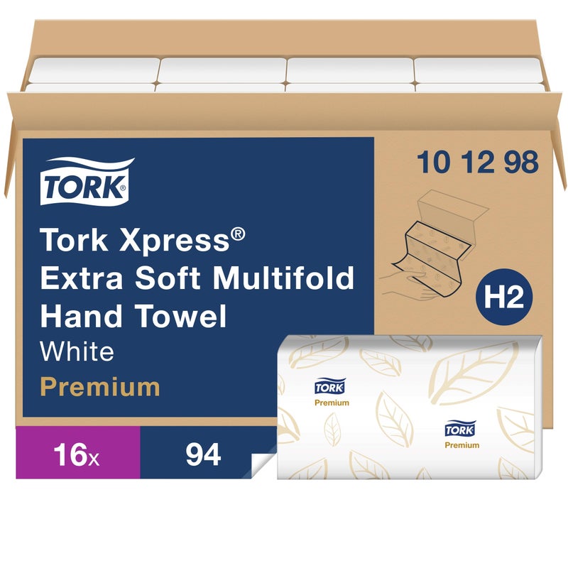 Tork Extra Soft Multifold Hand Towel White with Blue Leaf Print, Premium Quality, 4-Panel, 94 Towels per Pack, 16 Packs, Fits H2 Dispensers - Image 1
