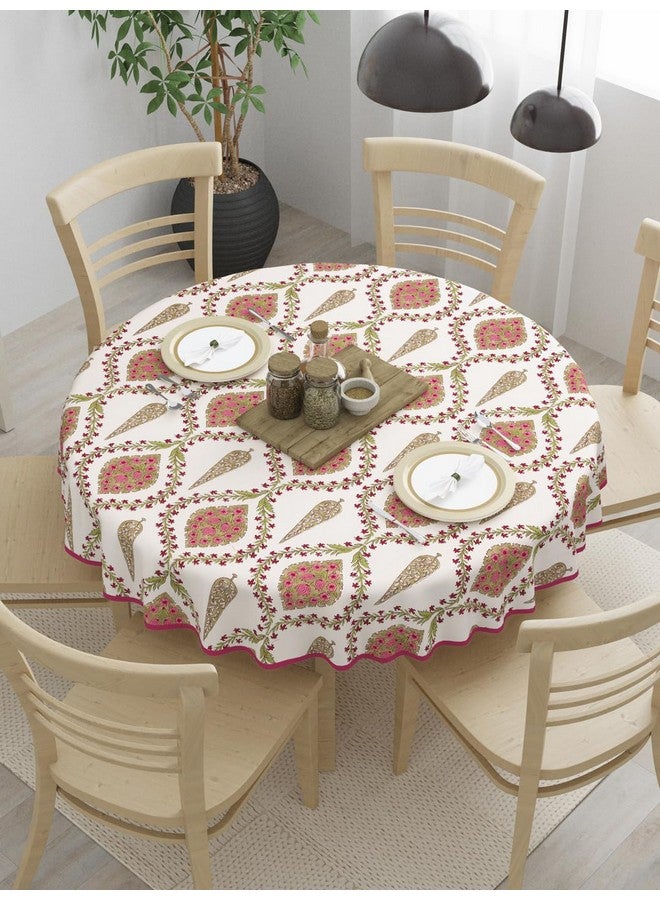 Clasiko 100% Cotton 6 Seater Round Table Cover; 72x72 Inches; Pink Beige Block Print - Image 1