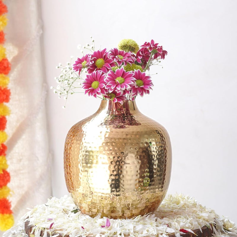 BEHOMA Metal Hammered Bud Round Shape Vase for Home Decor Decoratives for Indoor Outdoor Living Room Balcony Best Gift for Birthday Anniversary Festival Golden 1 Large Pcs - Image 1