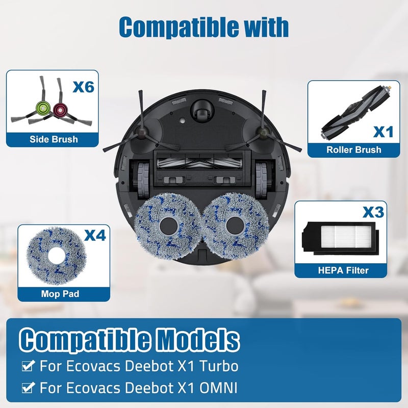 Chuancheng Replacement Accessories Kit For Ecovacs Deebot X1 TURBO/OMNI Robot Vacuum Cleaner Parts, 1 Main Brush, 6 Side Brush, 3 Hepa Filter, 4 Mop Cloth, 4 Dust Bag - Image 2