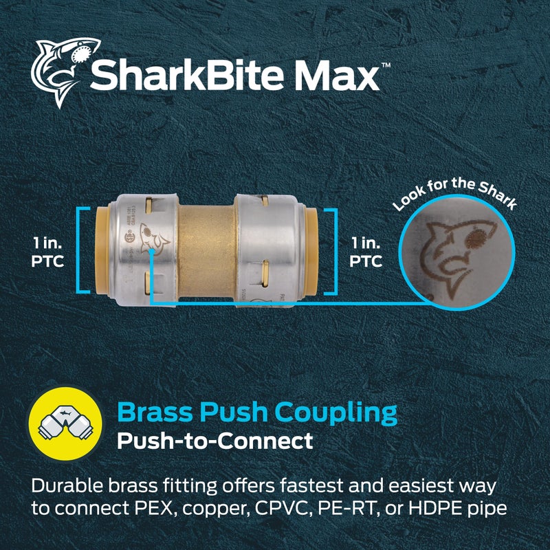 SharkBite Max 1 Inch Coupling, Push to Connect Brass Plumbing Fitting, PEX Pipe, Copper, CPVC, PE-RT, HDPE, UR020A - Image 2