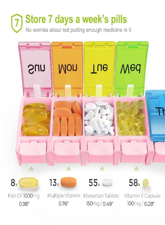 AUV0N AUVON Weekly Pill Organizer Arthritis Friendly, BPA Free Travel 7 Day Pill Box Case with Spring Open Design and Large Compartment to Hold Vitamins, Cod Liver Oil, Supplements and Medication - Image 3