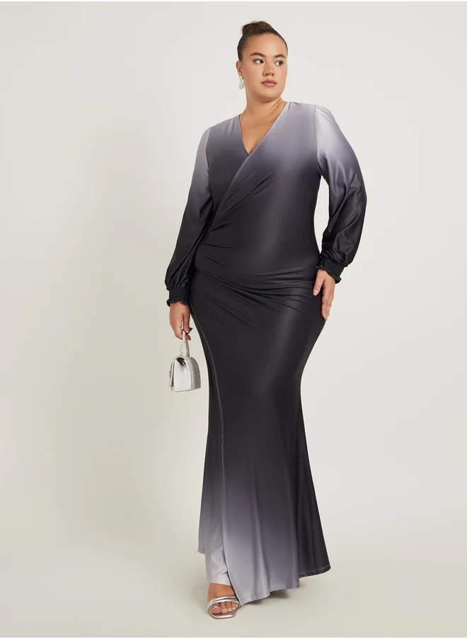 ستايلي Plus Size Ombre Print Gathered Detail Wrap Maxi Dress