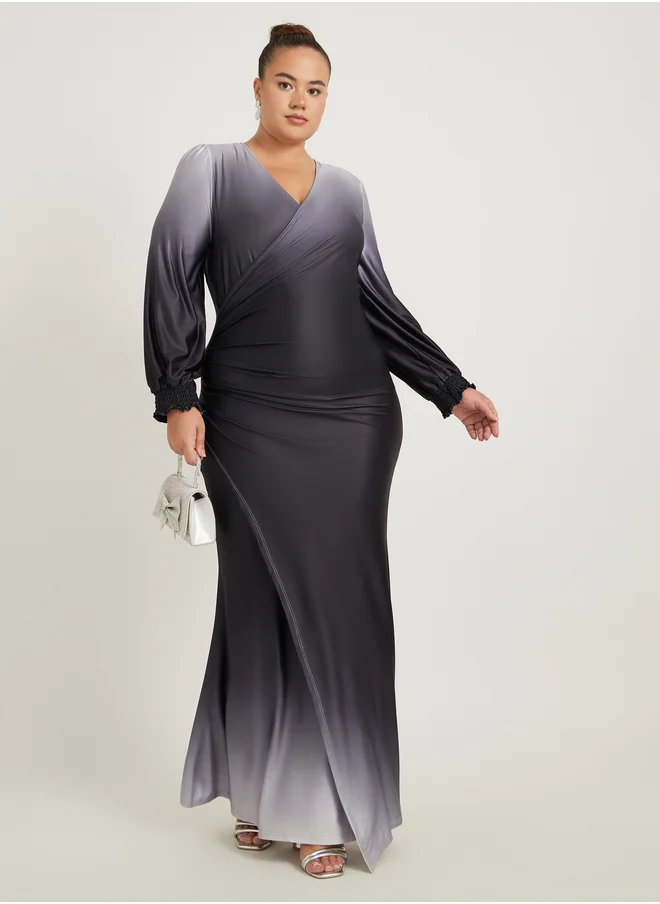 ستايلي Plus Size Ombre Print Gathered Detail Wrap Maxi Dress
