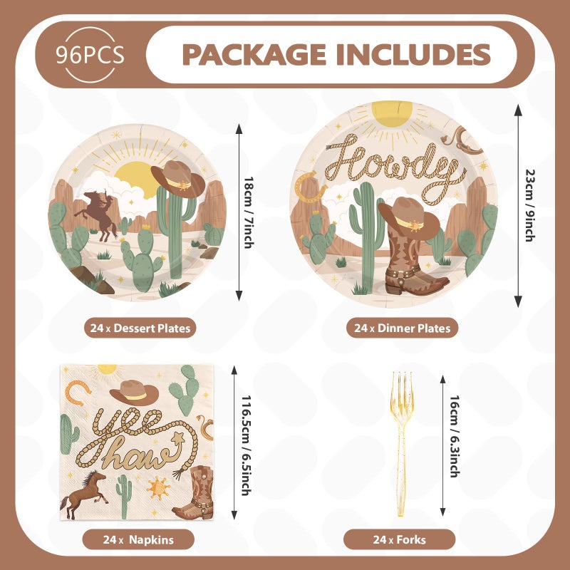 Grencian 96 Pcs Western Rodeo Party Supplies 350 GSM Western Cowboy Plates and Napkins Howdy Cowgirl Tableware Set for Yeehaw Western Wild West Theme Birthday Party Decorations Baby Shower Favors Serves 24 - Image 2