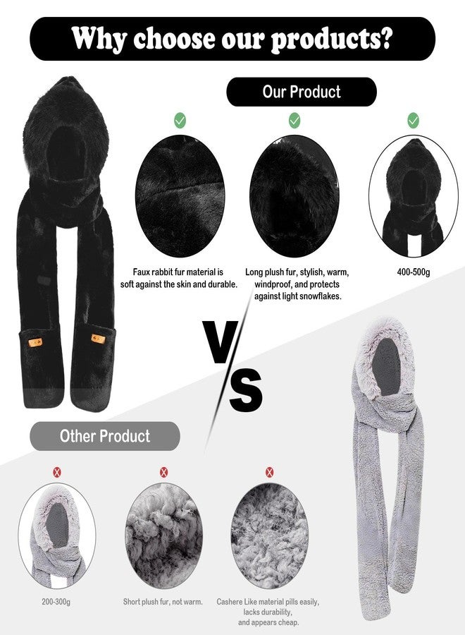RainFlowwer Hooded Scarf for Women Winter, Ear Hat Scarf 3 in 1Faux Fur Gloves Set Soft Thick Warm Hat, Black - Image 4