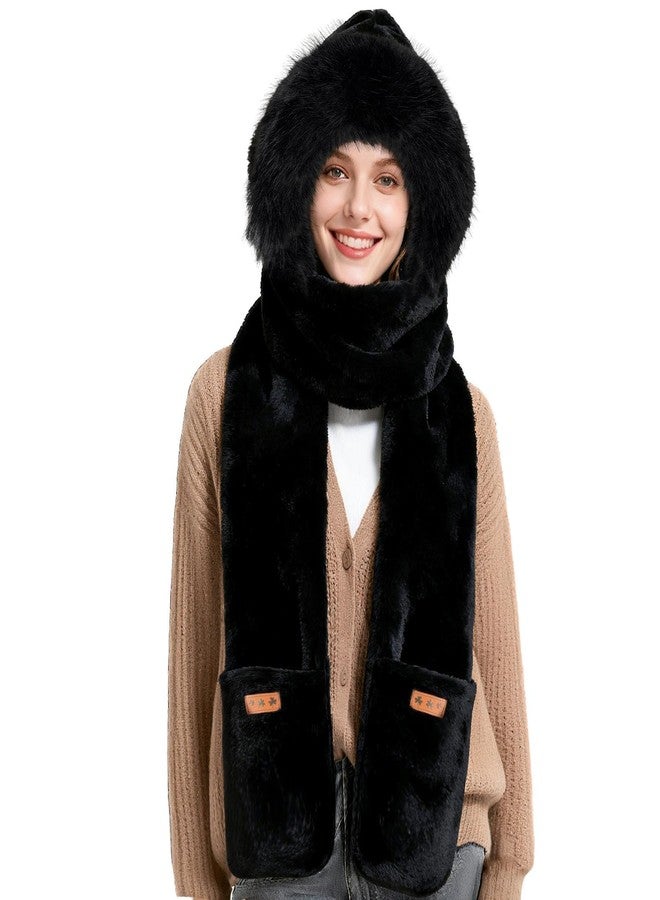RainFlowwer Hooded Scarf for Women Winter, Ear Hat Scarf 3 in 1Faux Fur Gloves Set Soft Thick Warm Hat, Black - Image 1