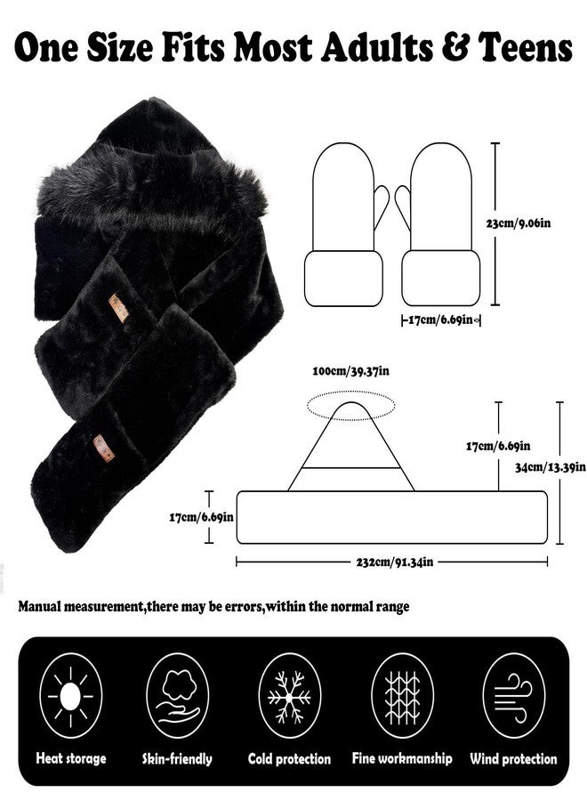 RainFlowwer Hooded Scarf for Women Winter, Ear Hat Scarf 3 in 1Faux Fur Gloves Set Soft Thick Warm Hat, Black - Image 5