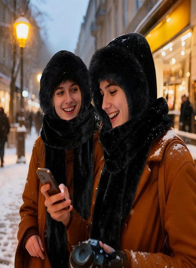 RainFlowwer Hooded Scarf for Women Winter, Ear Hat Scarf 3 in 1Faux Fur Gloves Set Soft Thick Warm Hat, Black - Image 3