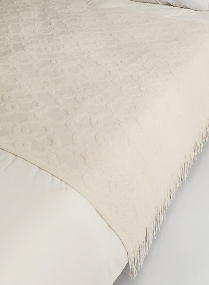 Loquat Solid Color Jacquard Weave Tassel Design Knitted Soft Throw Blanket White  - Image 2