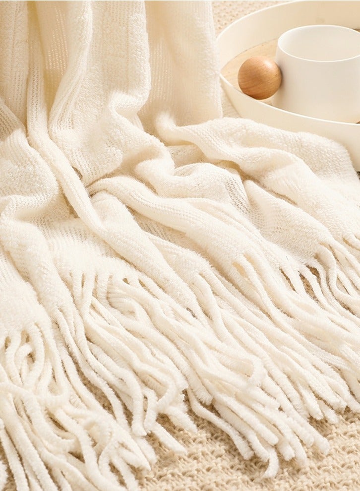 Loquat Solid Color Jacquard Weave Tassel Design Knitted Soft Throw Blanket White  - Image 3