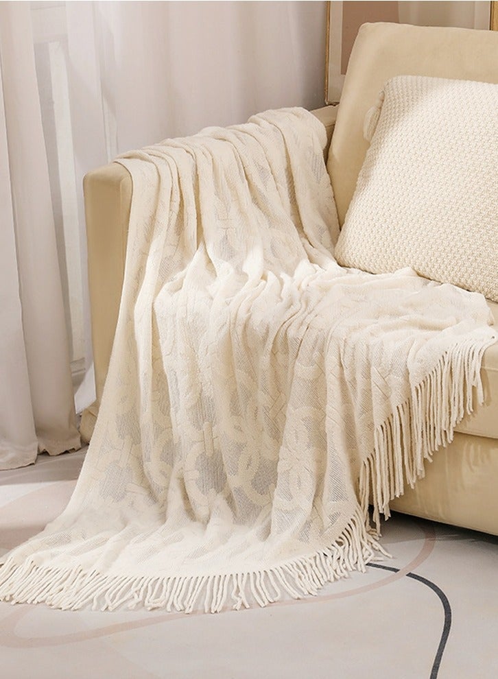 Loquat Solid Color Jacquard Weave Tassel Design Knitted Soft Throw Blanket White  - Image 1