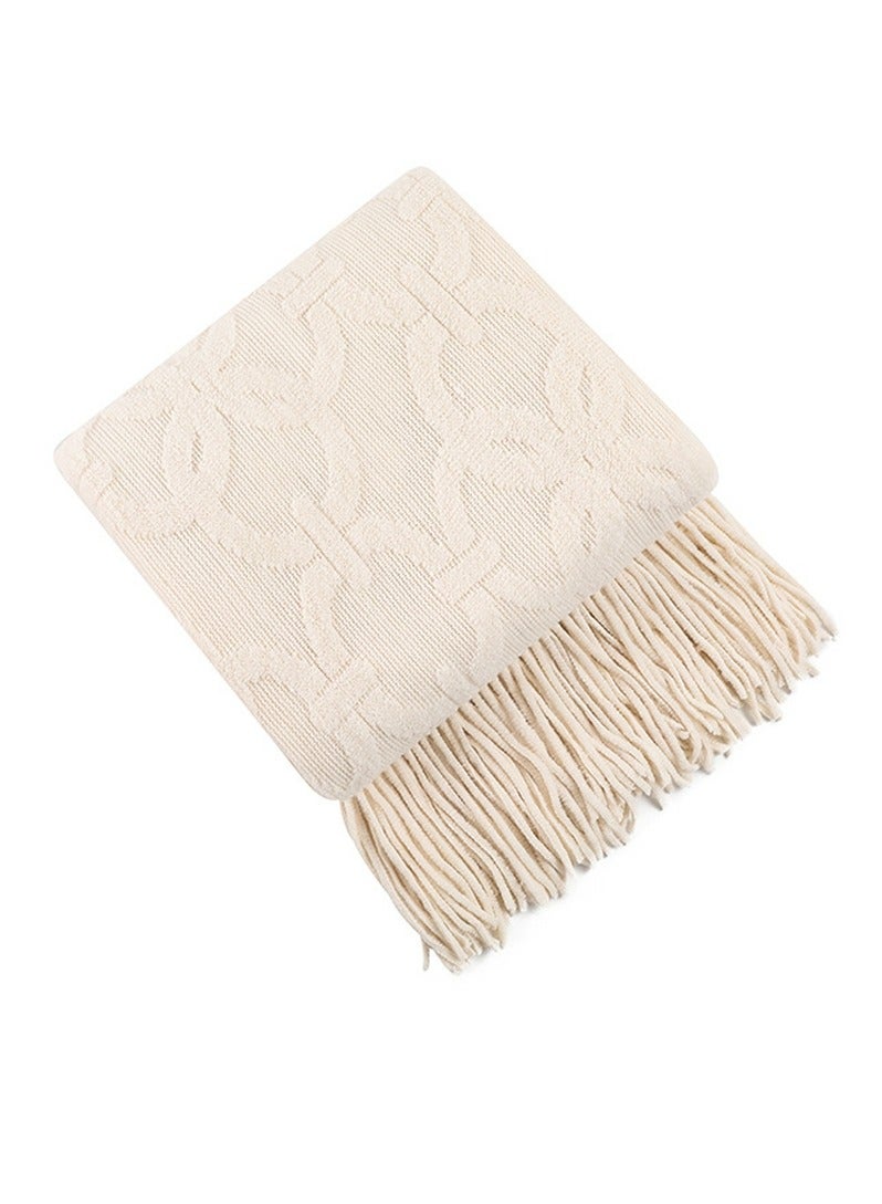 Loquat Solid Color Jacquard Weave Tassel Design Knitted Soft Throw Blanket White  - Image 4