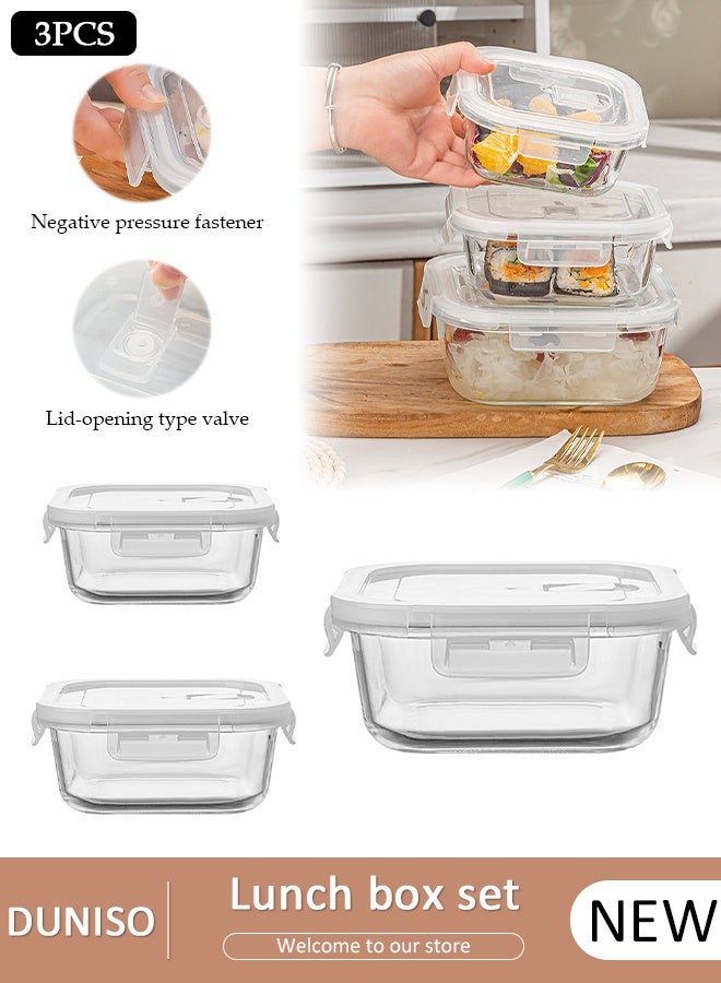 DUNISO 3 قطع صندوق غداء زجاجي، حاوية طعام بنمط بينتو مقاومة للتسرب مع غطاء محكم ومقسم، صندوق تخزين طعام محكم قابل لإعادة الاستخدام، حاويات تخزين الطعام للميكروويف، الفرن، المجمد وغسالة الصحون، حاويات تحضير الوجبات الزجاجية للتخزين/حاوية الطعام/صندوق غداء بينتو - Image 1