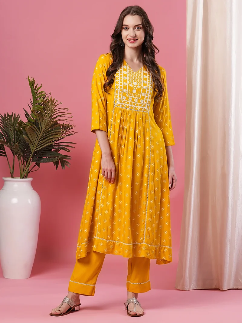 globus Women Yellow Ethnic Motifs Printed Empire Thread Work Kurta With Trousers