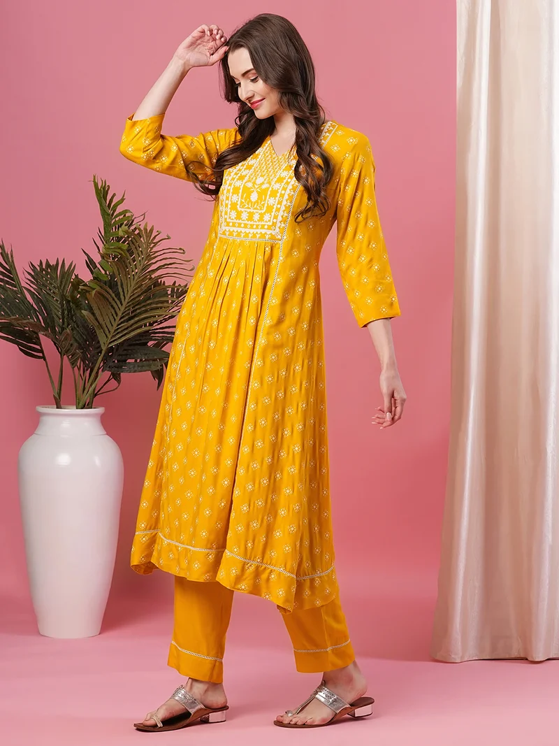 globus Women Yellow Ethnic Motifs Printed Empire Thread Work Kurta With Trousers
