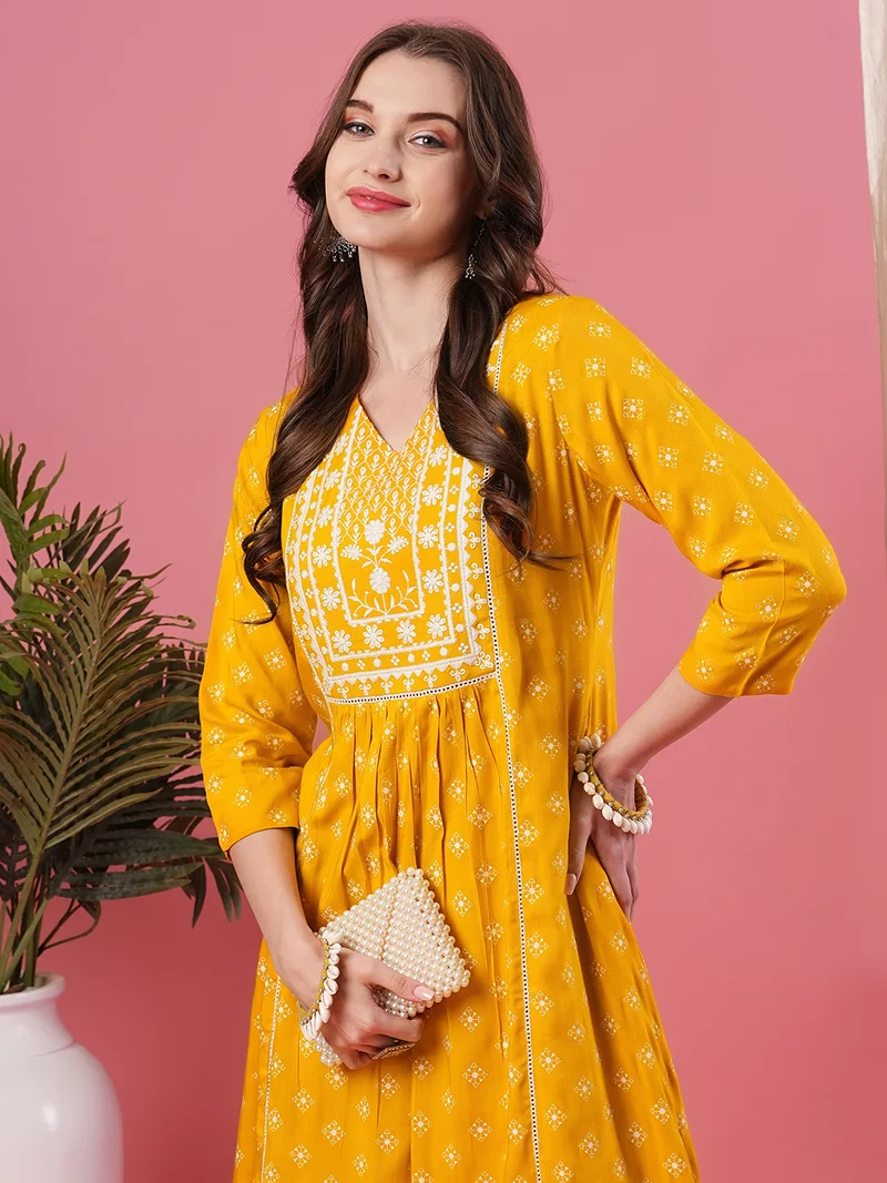 globus Women Yellow Ethnic Motifs Printed Empire Thread Work Kurta With Trousers
