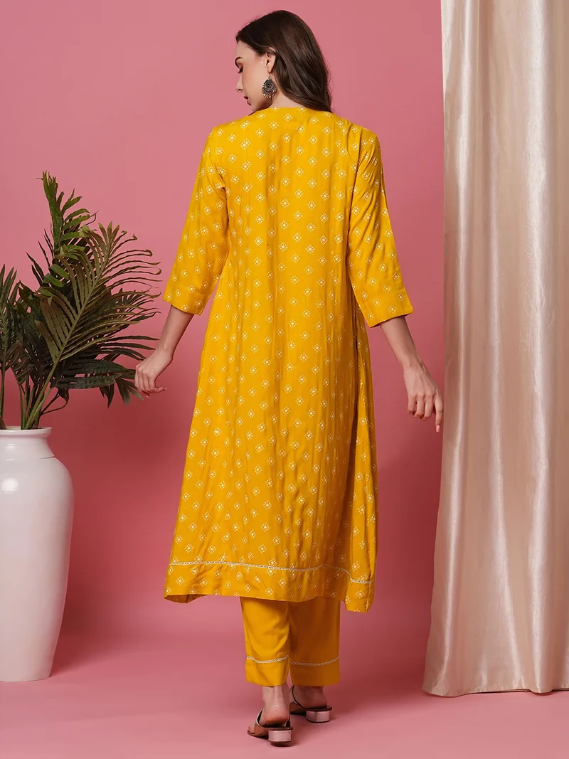 globus Women Yellow Ethnic Motifs Printed Empire Thread Work Kurta With Trousers
