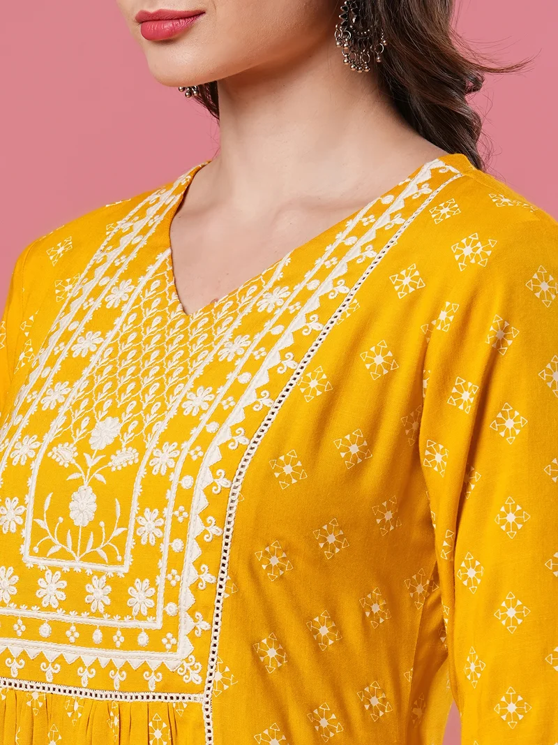 globus Women Yellow Ethnic Motifs Printed Empire Thread Work Kurta With Trousers