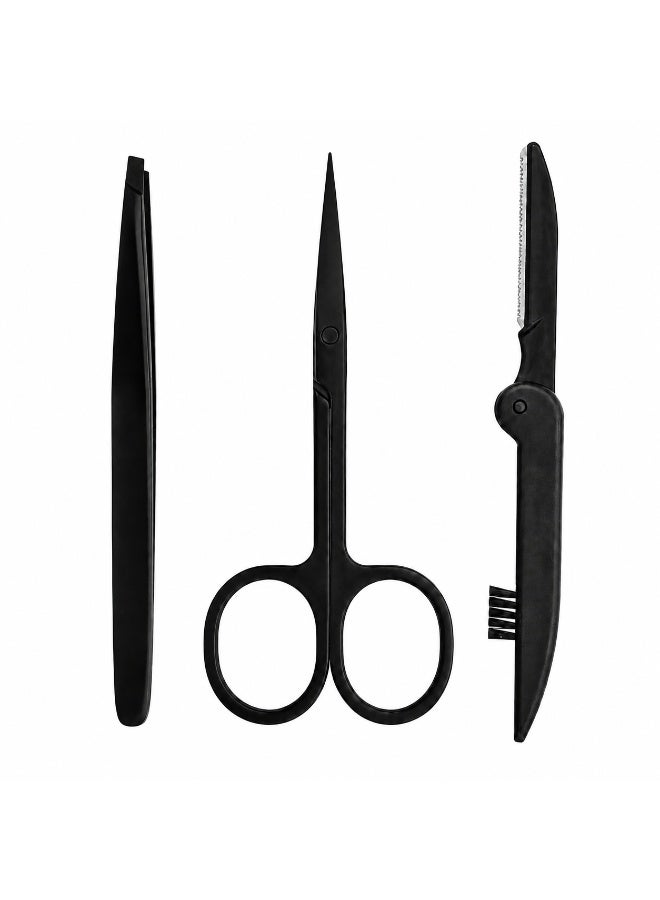 طقم حواجب 3 قطع، مقص حواجب وملقاط مائل وأداة إزالة شعر الوجه قابلة للطي - Image 1
