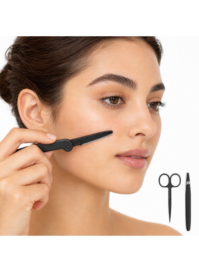 طقم حواجب 3 قطع، مقص حواجب وملقاط مائل وأداة إزالة شعر الوجه قابلة للطي - Image 5