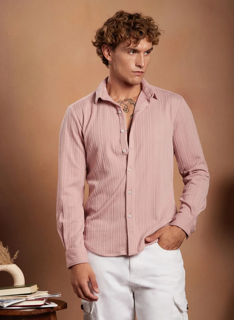 Campus Sutra Men's Rouge Pink Parallel-Crease Tactile Shirt