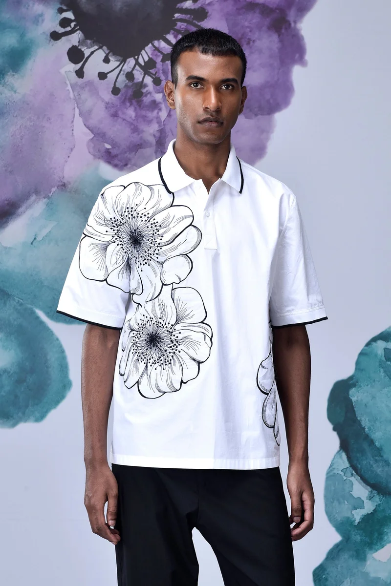 Genes Lecoanet Hemant White Giza Cotton Poplin Shirt with Floral Line Art