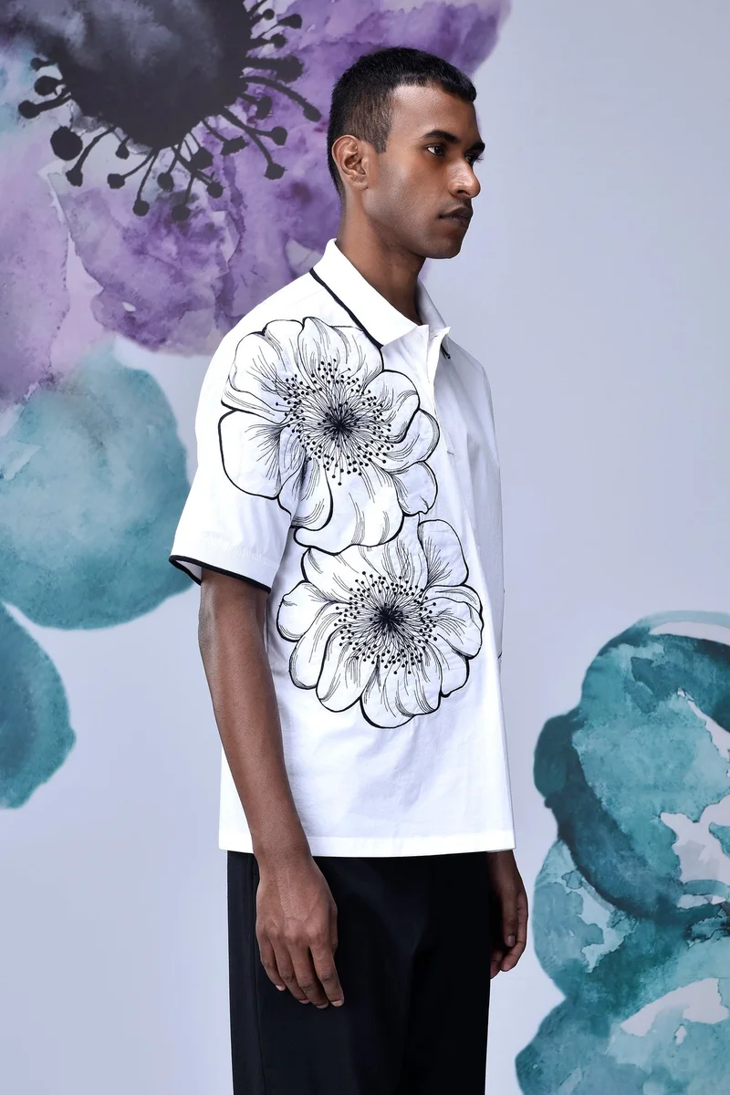 Genes Lecoanet Hemant White Giza Cotton Poplin Shirt with Floral Line Art