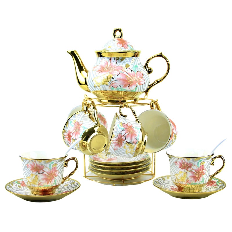 20 Pieces Porcelain Tea Set With Metal Holder European Ceramic tea set for adultsFlower Tea SetTea Set For Women With Flower Painting Large version White