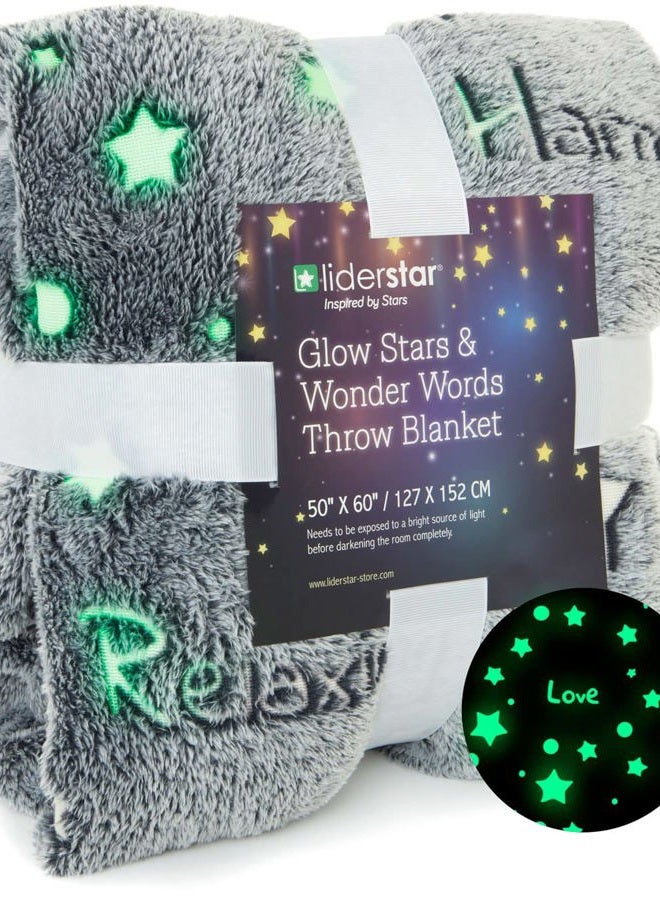 LIDERSTAR Glow in The Dark Throw Blanket,Super Soft Cozy Furry Plush Fleece Blanket Decorated with Stars and Words of Healing, Birthday Gift for Girls Boys Kids Teens Grandkids Toddler, Gray,50"x 60" - Image 1