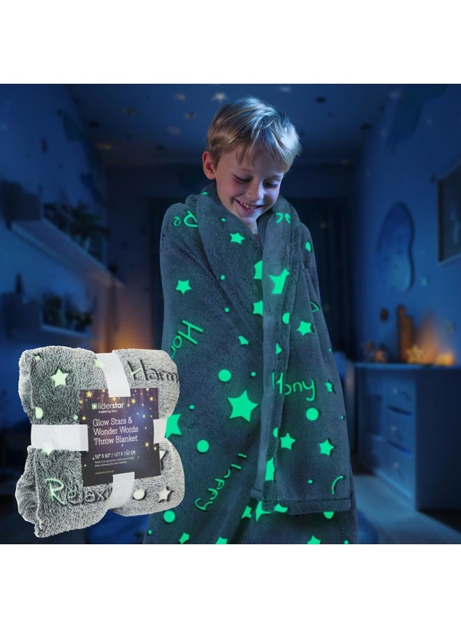 LIDERSTAR Glow in The Dark Throw Blanket,Super Soft Cozy Furry Plush Fleece Blanket Decorated with Stars and Words of Healing, Birthday Gift for Girls Boys Kids Teens Grandkids Toddler, Gray,50"x 60" - Image 2