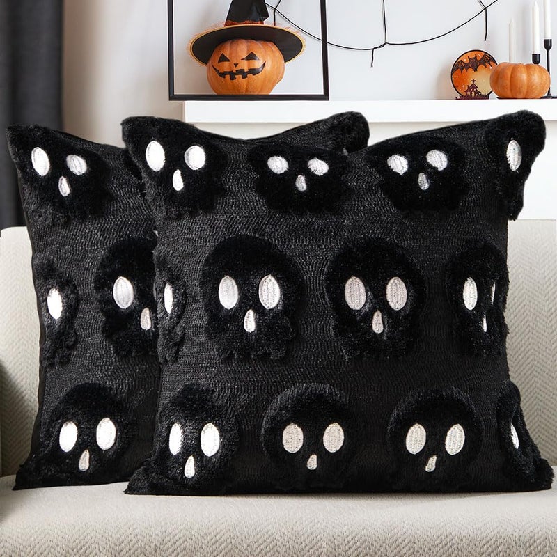 DFXSZ Halloween Pillow Covers 18x18 inch Set of 2 Black Skeletont Halloween Decorations Soft Plush Faux Fur Wool Couch Cushion Case for Chair Sofa Bedroom Living Room Home Decor PTK04E18 - Image 2