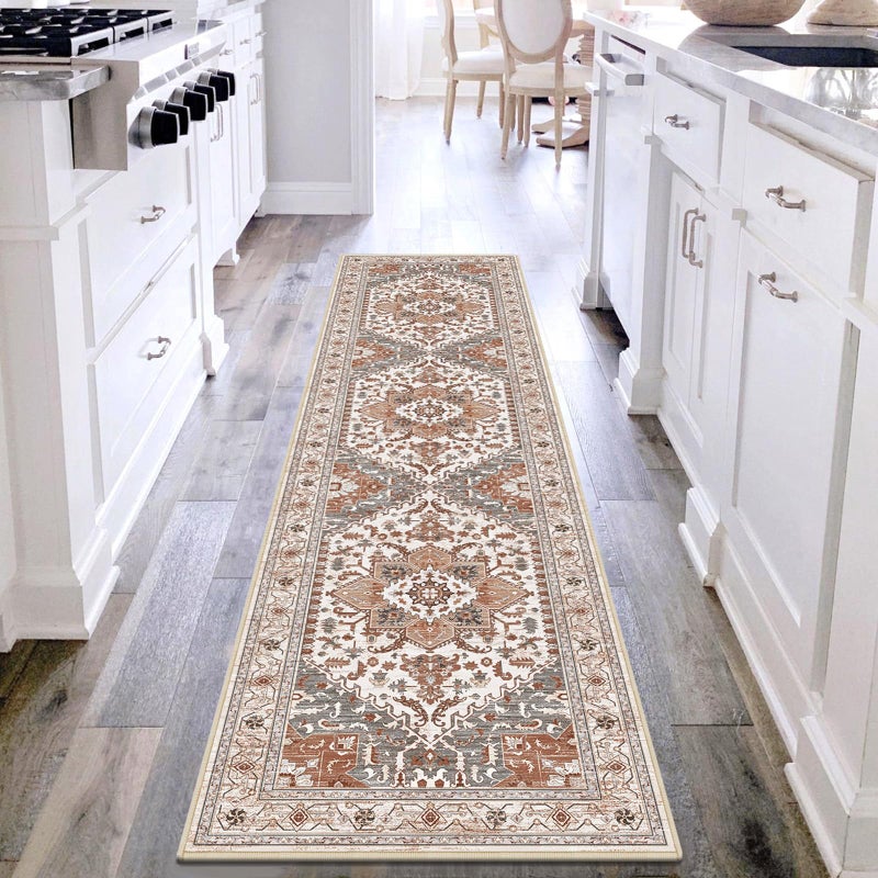 Yamaziot Washable Runner Rug, 2x8 Non-Slip Boho Vintage Hallway Rug Runner with Rubber Backing, Low Pile Faux Wool Distressed Carpet Runner for Bedroom, Kitchen, Laundry, Entrance, Ginger Grey - Image 1