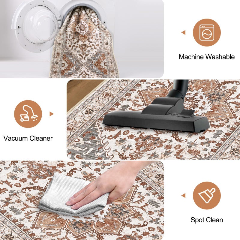 Yamaziot Washable Runner Rug, 2x8 Non-Slip Boho Vintage Hallway Rug Runner with Rubber Backing, Low Pile Faux Wool Distressed Carpet Runner for Bedroom, Kitchen, Laundry, Entrance, Ginger Grey - Image 5